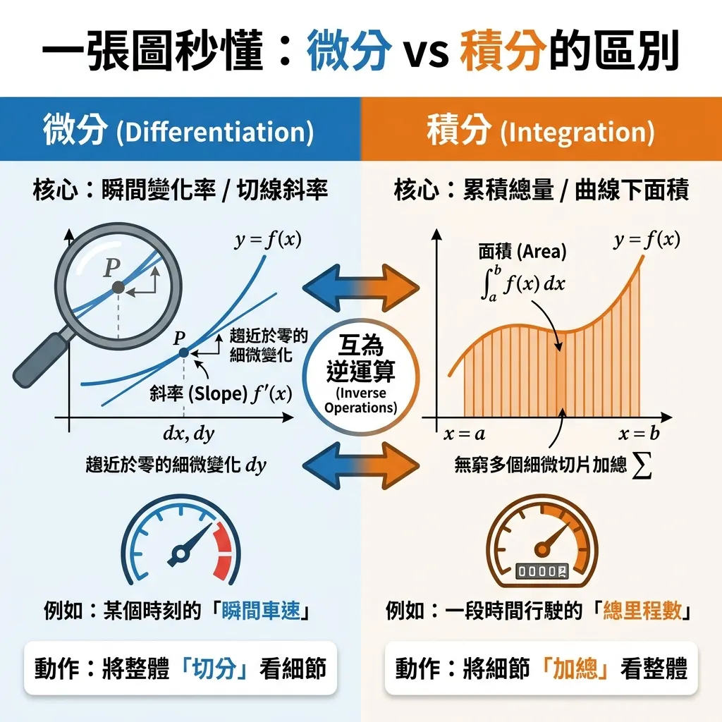 一張圖秒懂:微分與積分的核心差異對照圖