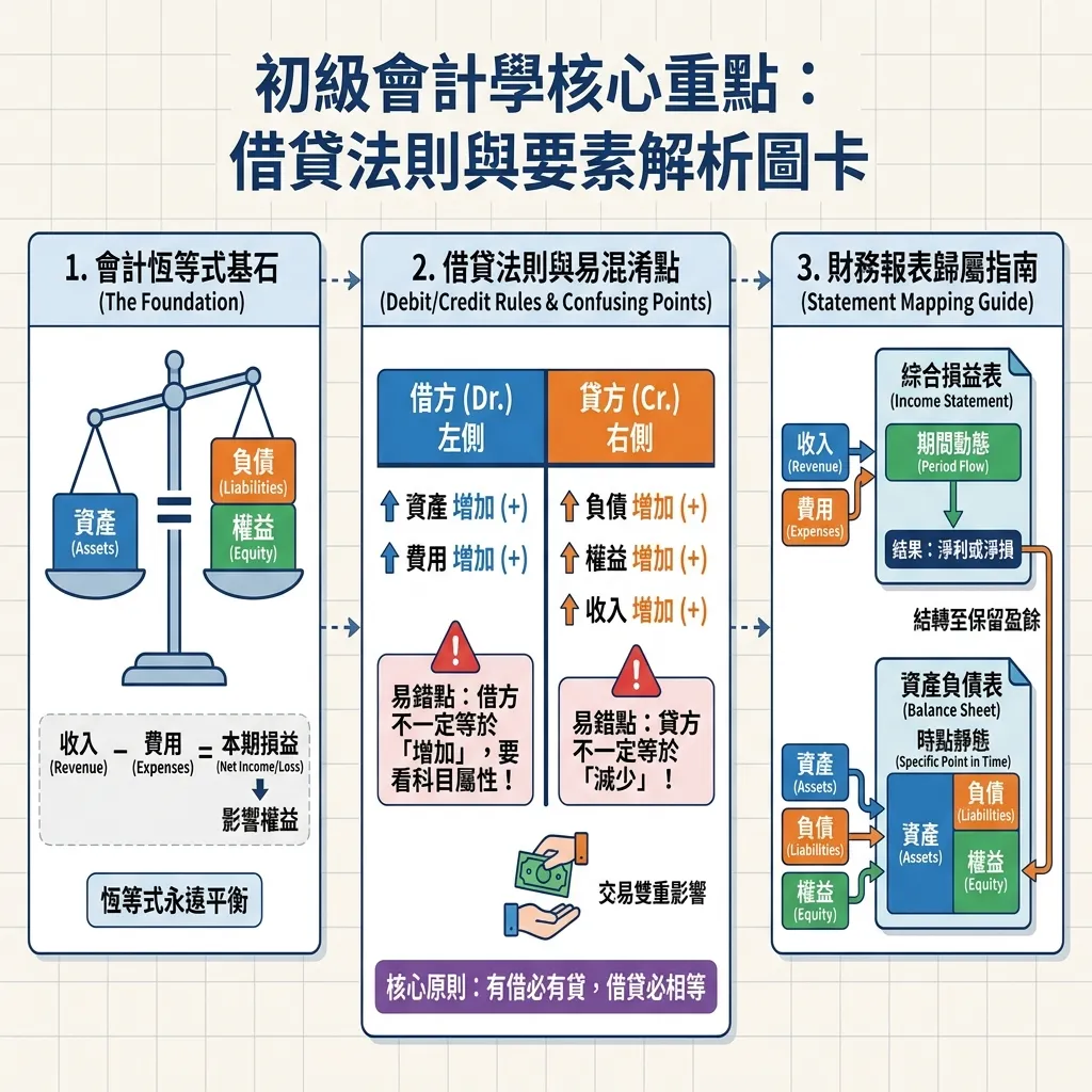 初級會計學核心重點：借貸法則與要素解析圖卡