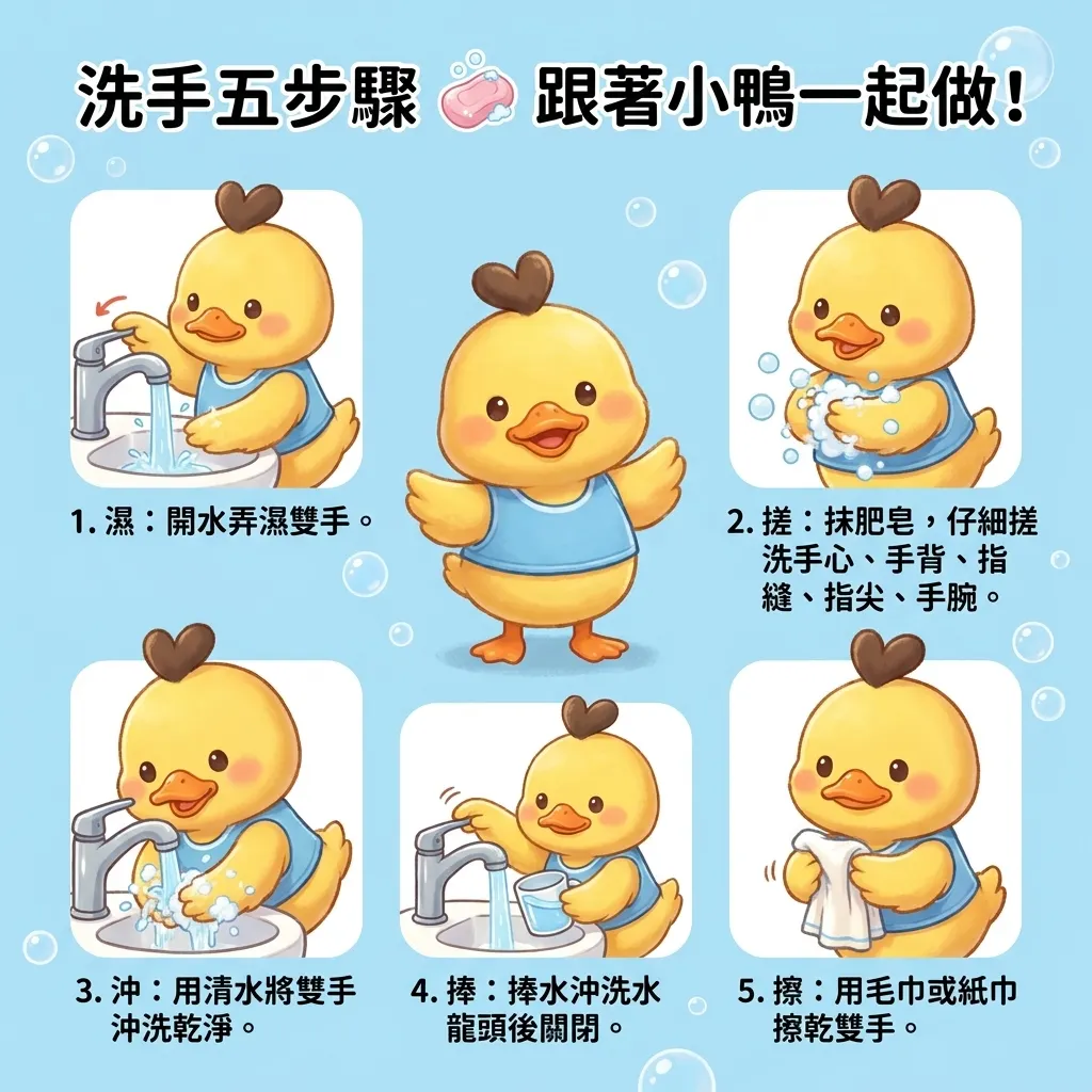 南臺科大幼保系 4B2I0910-萌萌小鴨教你洗手五步驟:濕、搓、沖、捧、擦