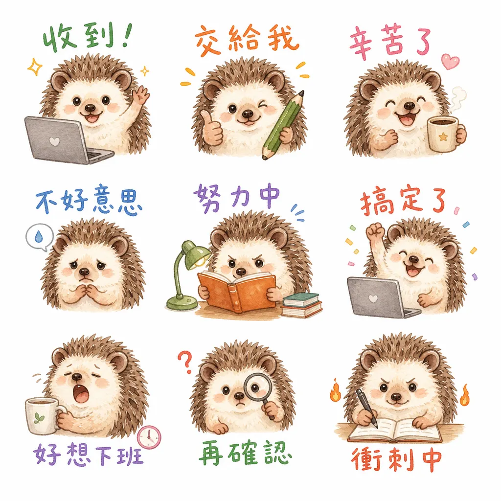 南台科大幼保系 4B2I0909 療癒系小刺蝟職場日常表情貼圖 (九宮格套組)