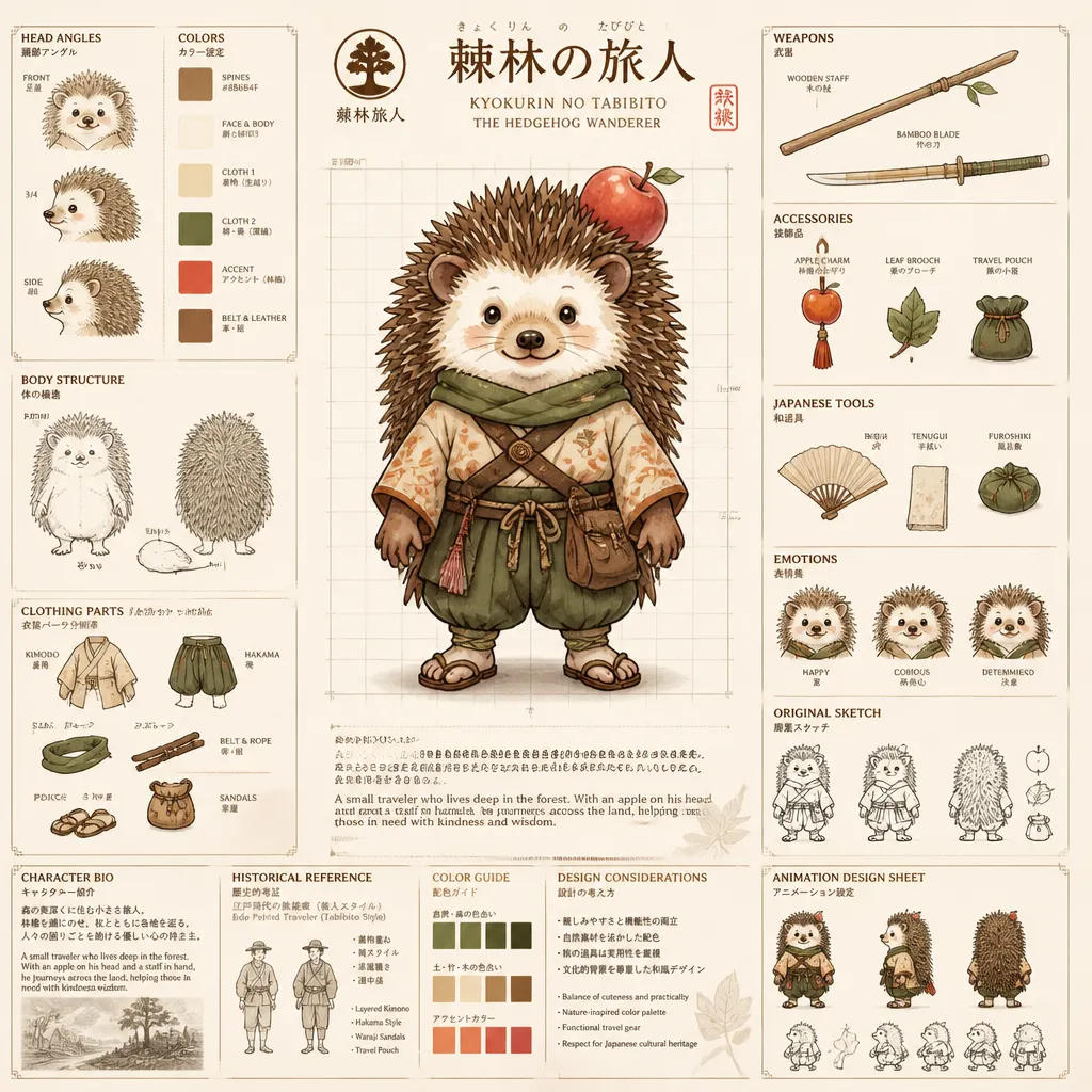 南台科大幼保系 4B2I0909 棘林旅人：和風刺蝟角色設定圖解