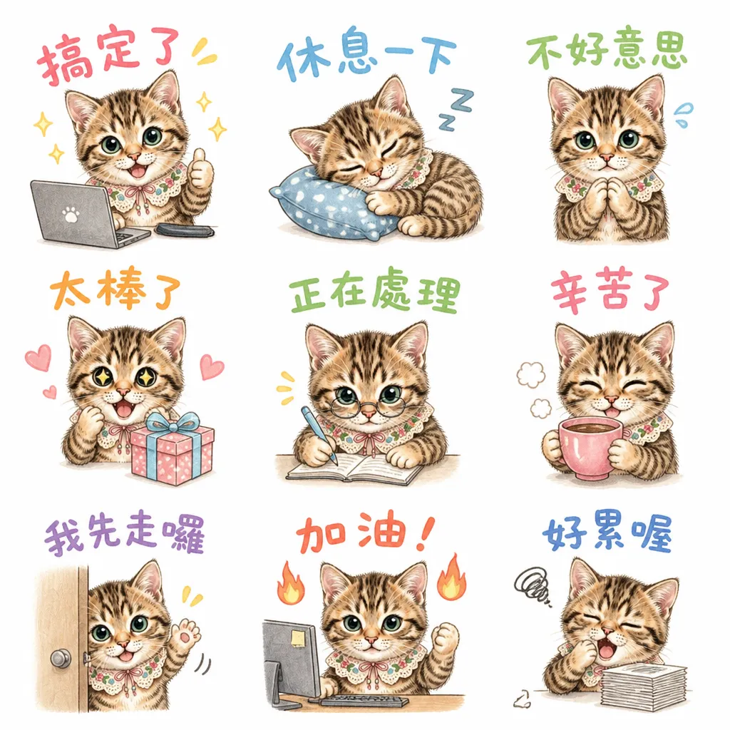 南台科大幼保系4B2I0902暖心虎斑貓日常職場篇:九格表情貼圖集