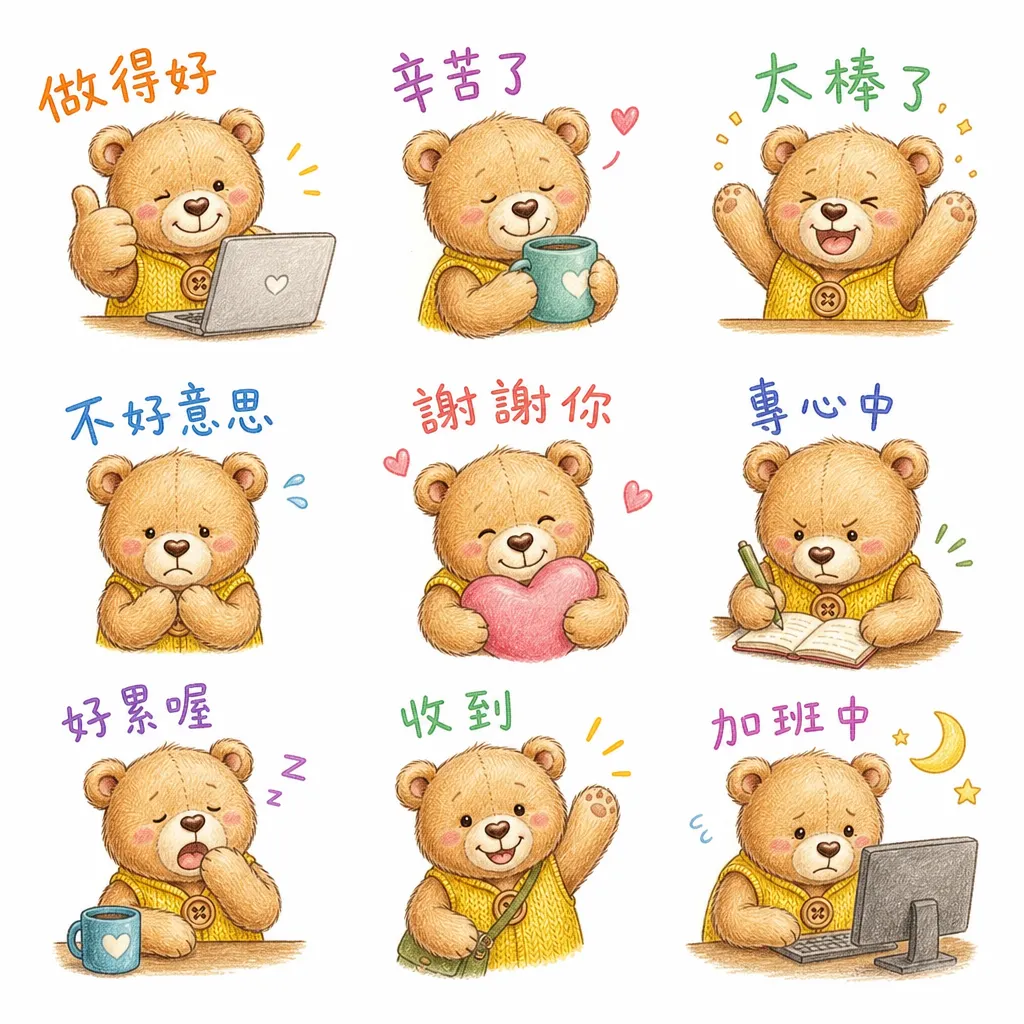南臺科大幼保系4B2I0016 暖心小熊日常：九宮格療癒表情貼圖