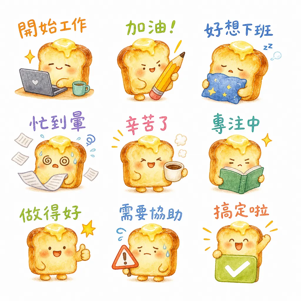 奶油吐司君的日常：九宮格職場應援貼圖包