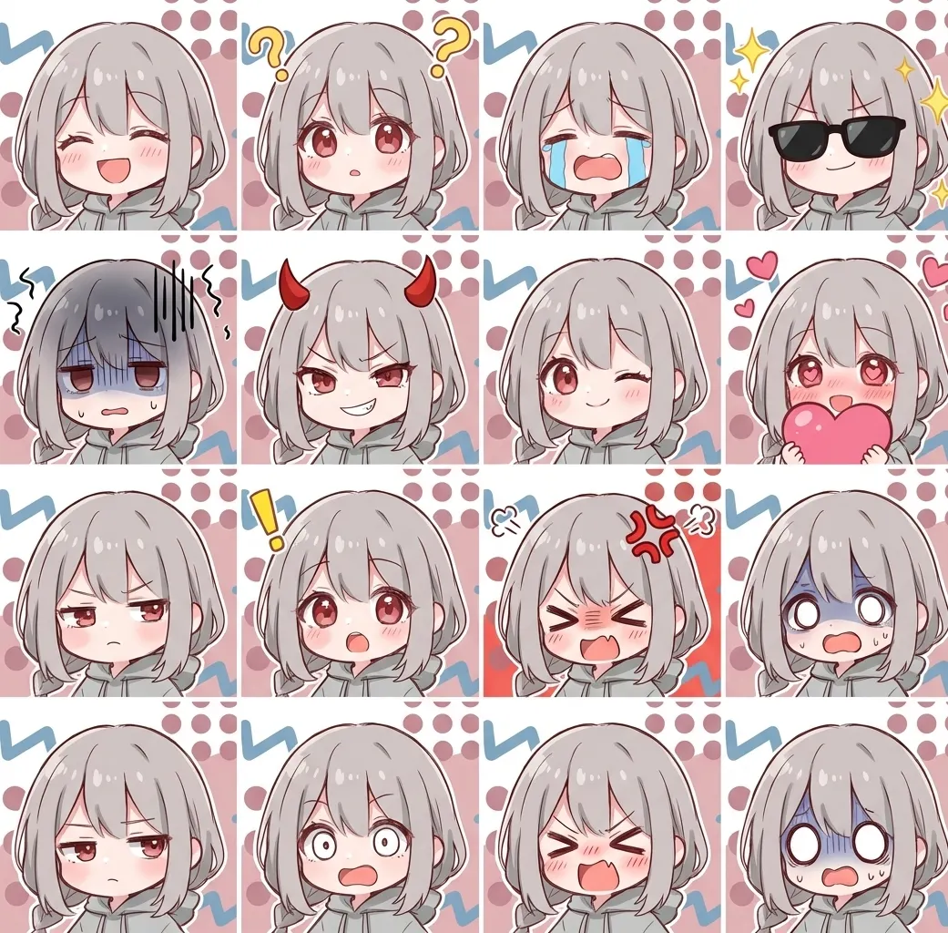 銀髪ショートボブの女の子の感情表現アイコンセット