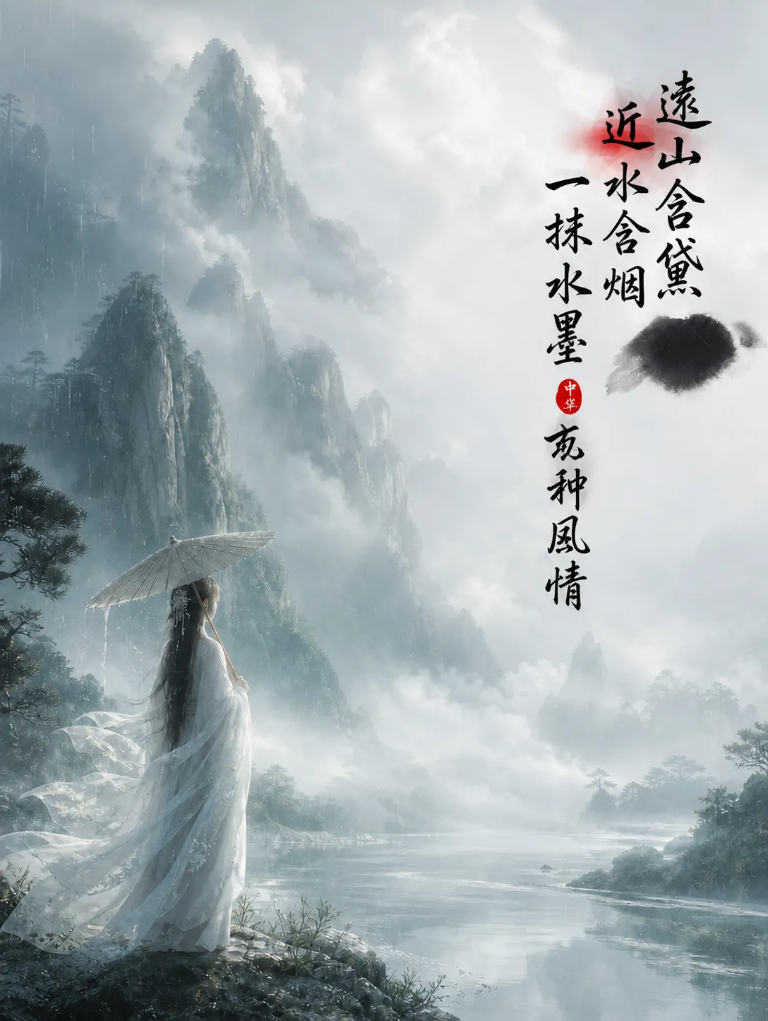 遠山含黛:水墨雲山間的撐傘佳人