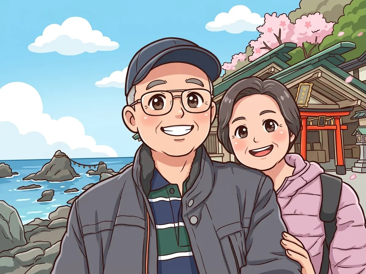 櫻花神社前的溫馨時刻:日式Q版老夫婦旅遊繪卷