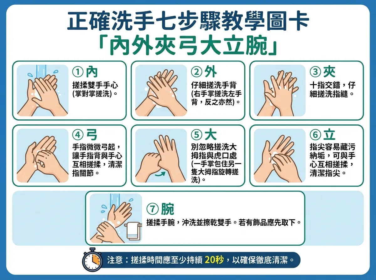 洗手七步驟教學圖卡：「內外夾弓大立腕」