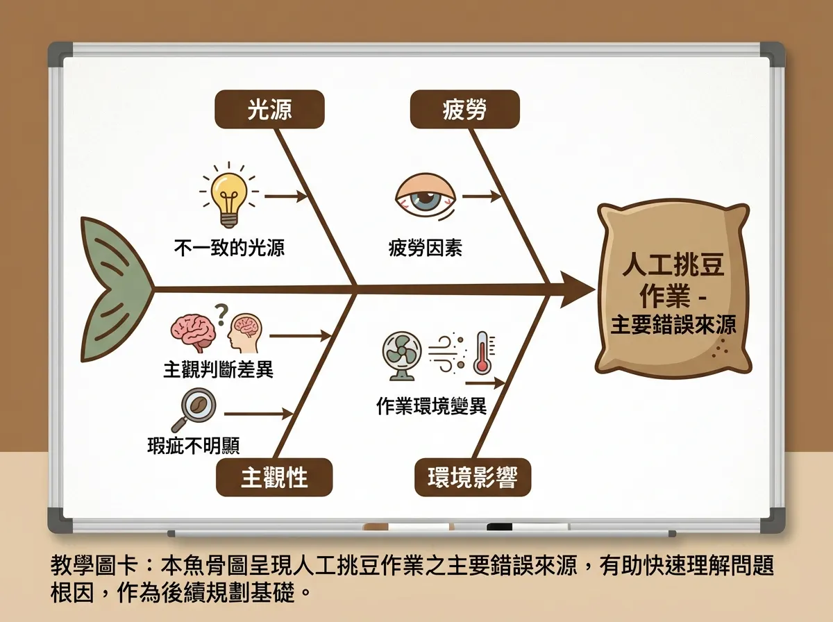 人工挑豆作業錯誤來源:魚骨圖分析