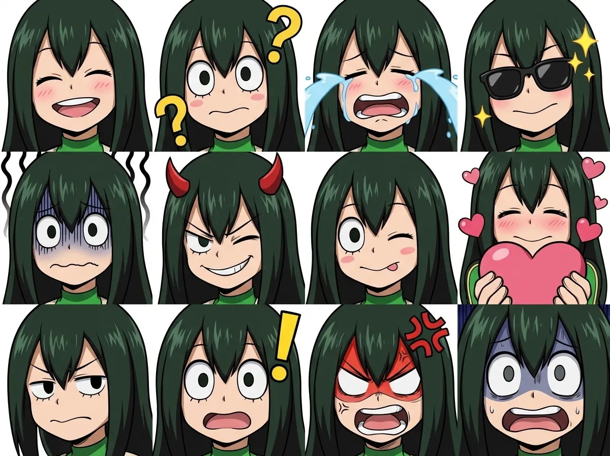 蛙吹梅雨の表情豊かなスタンプ風イラストセット