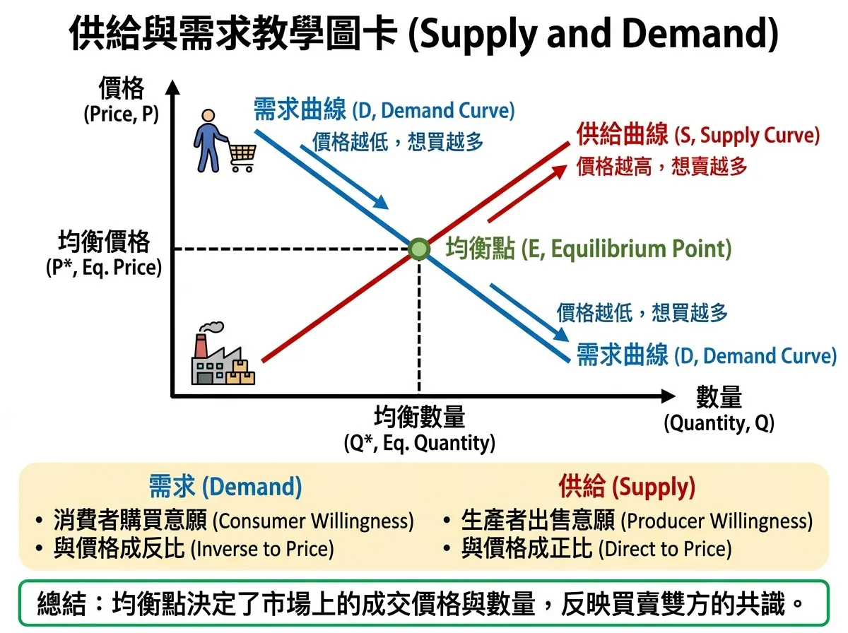 經濟學基礎：供給與需求曲線教學圖卡