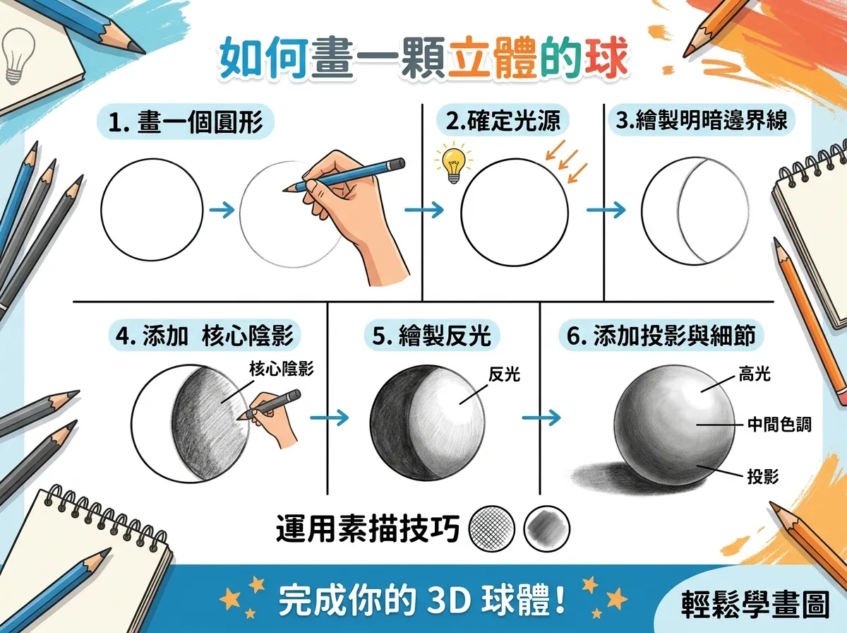 新手必學！如何畫出一顆立體的球：素描基礎教學海報
