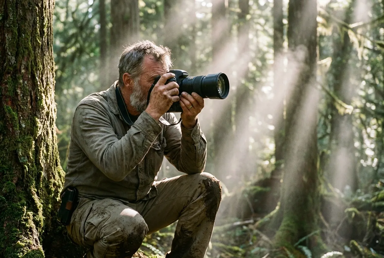 丁達爾光下的森林攝影師