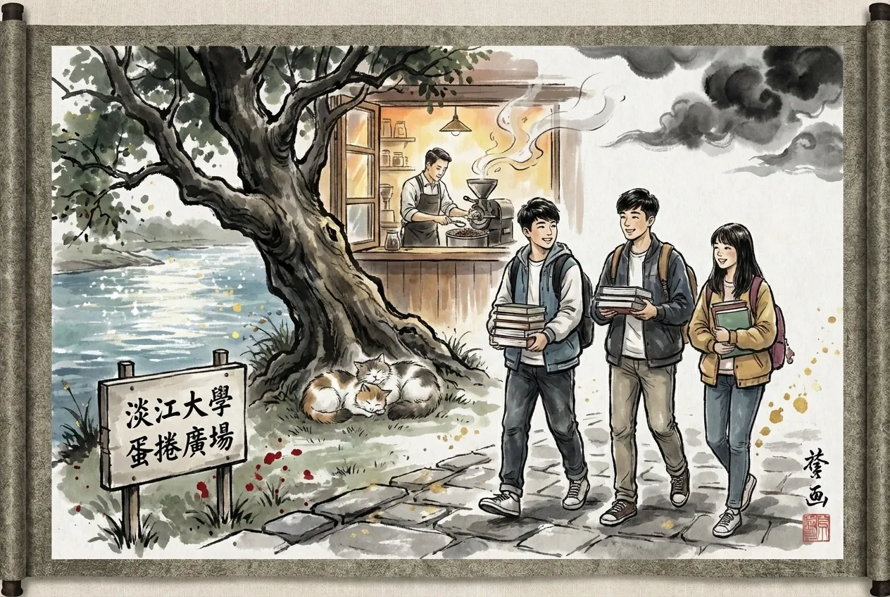 淡江學子覓咖啡香，伴貓走向蛋捲廣場