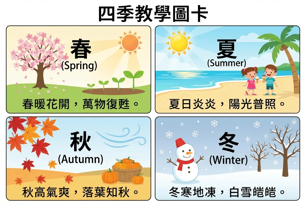 四季教學圖卡：探索春、夏、秋、冬的奧秘