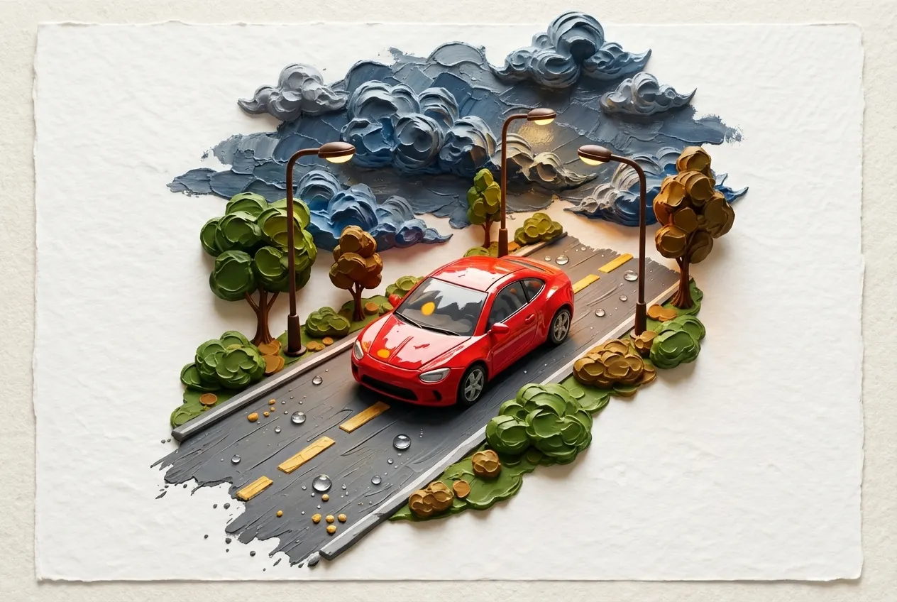雨中獨行:赤色跑車的黏土藝術