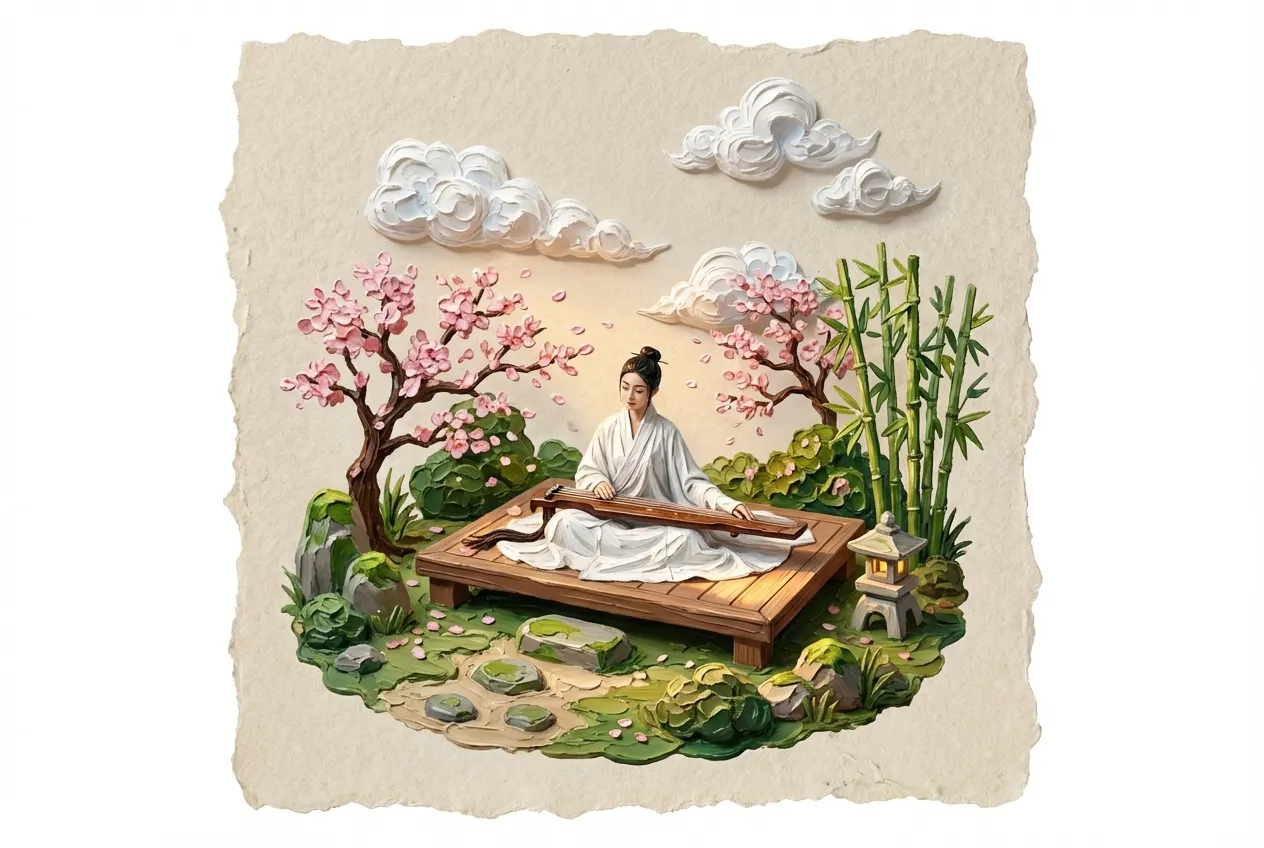 櫻花古琴:東方禪意樂章(以圖生圖)