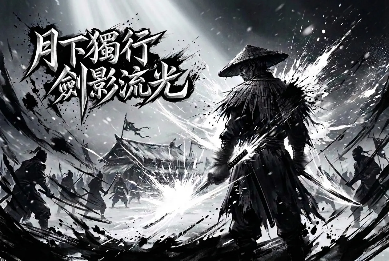 月下獨行劍影流光：新中式武俠水墨海報