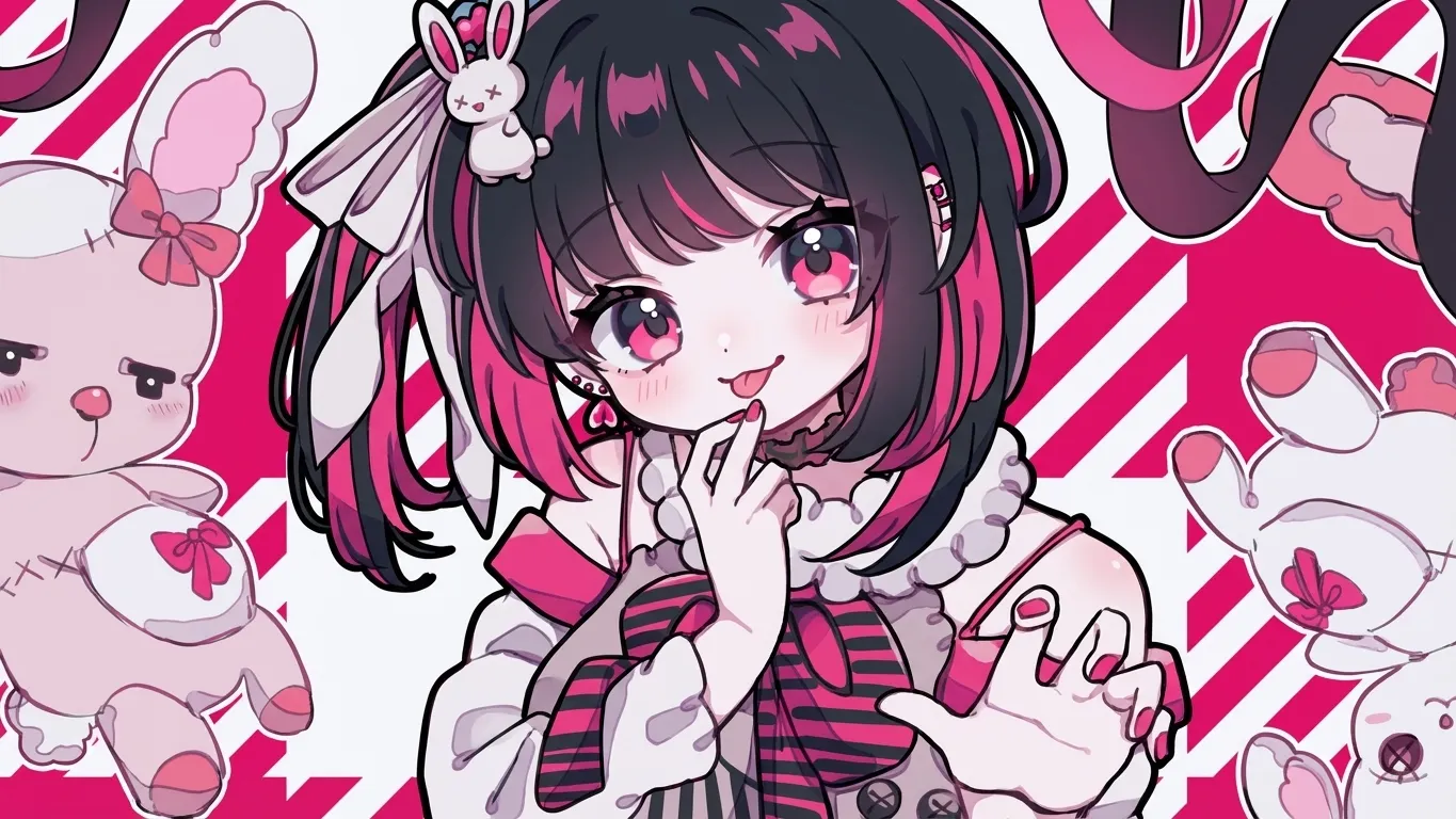 ピンクの髪とぬいぐるみたち