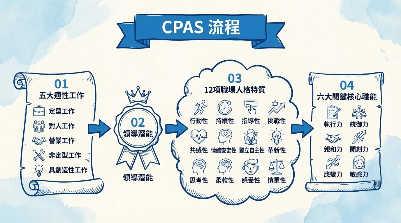 CPAS 職業適性診斷流程全貌:藍色手繪風格圖解