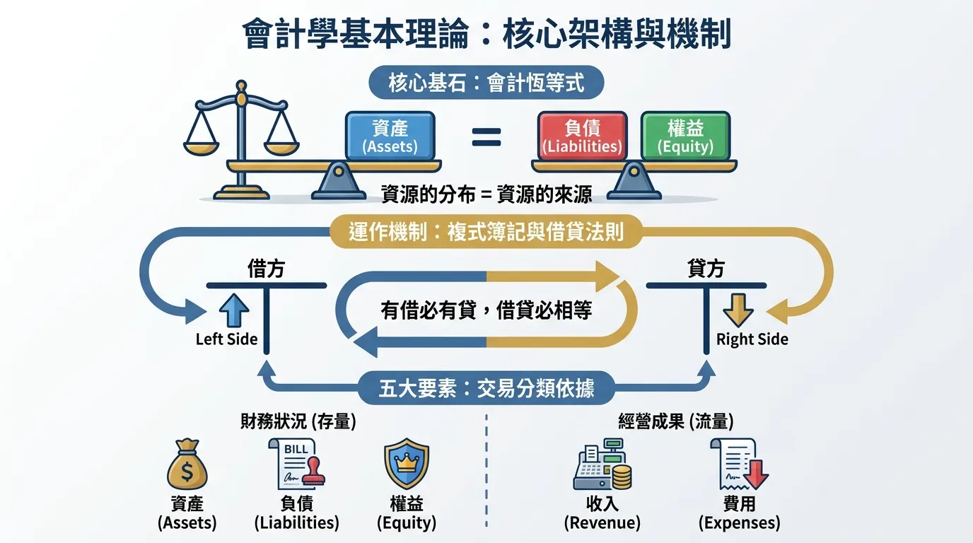 會計學基本理論：核心架構與複式簿記視覺化指南
