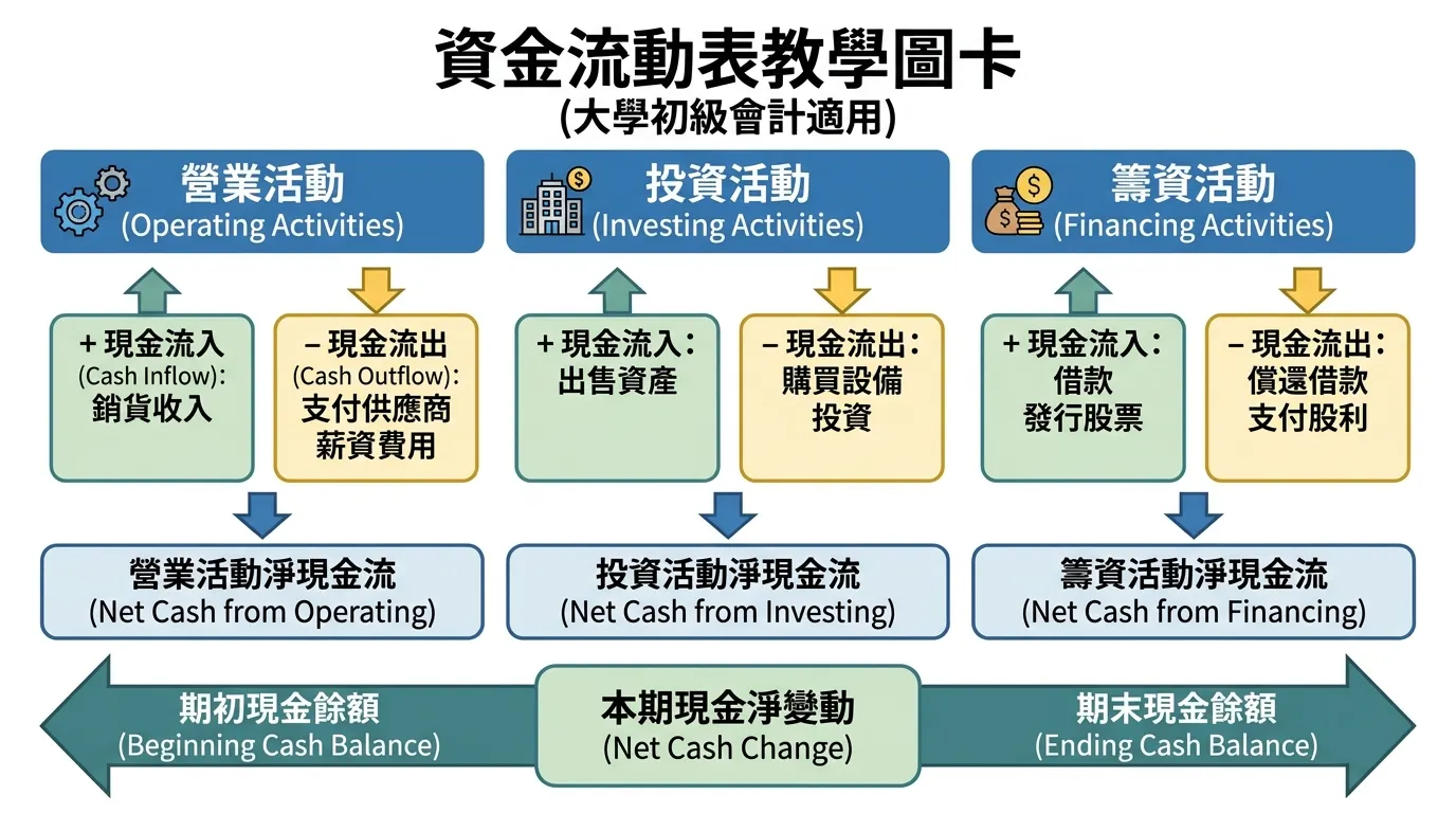 初級會計：現金流量表三大活動解析圖