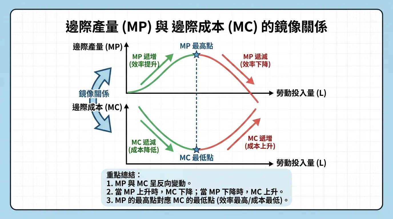 經濟學圖解:邊際產量與邊際成本的鏡像關係