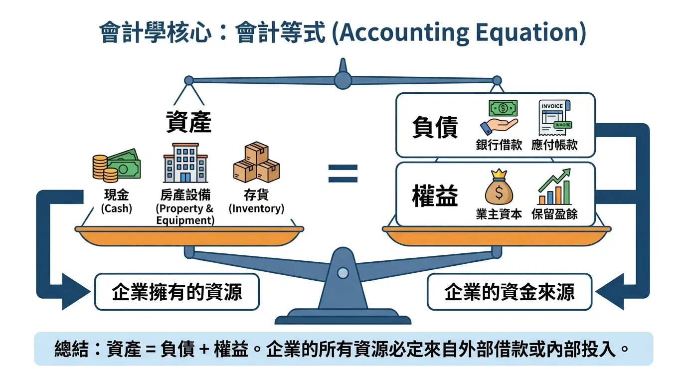 會計學核心：資產負債平衡等式視覺化解析