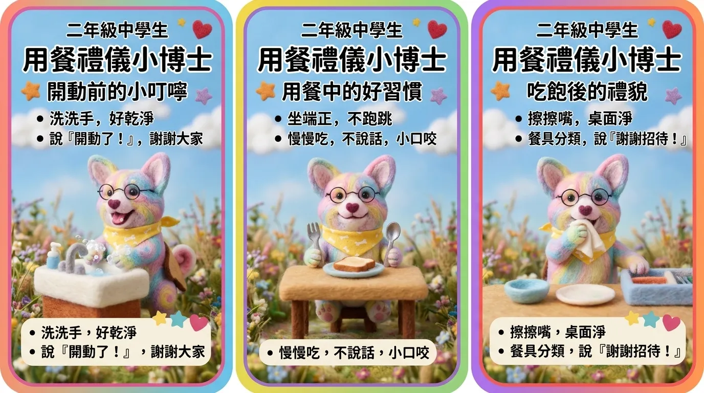 4B1C0909南台科大幼保系羊毛氈柯基小博士：小二生專屬用餐禮儀教學懶人包