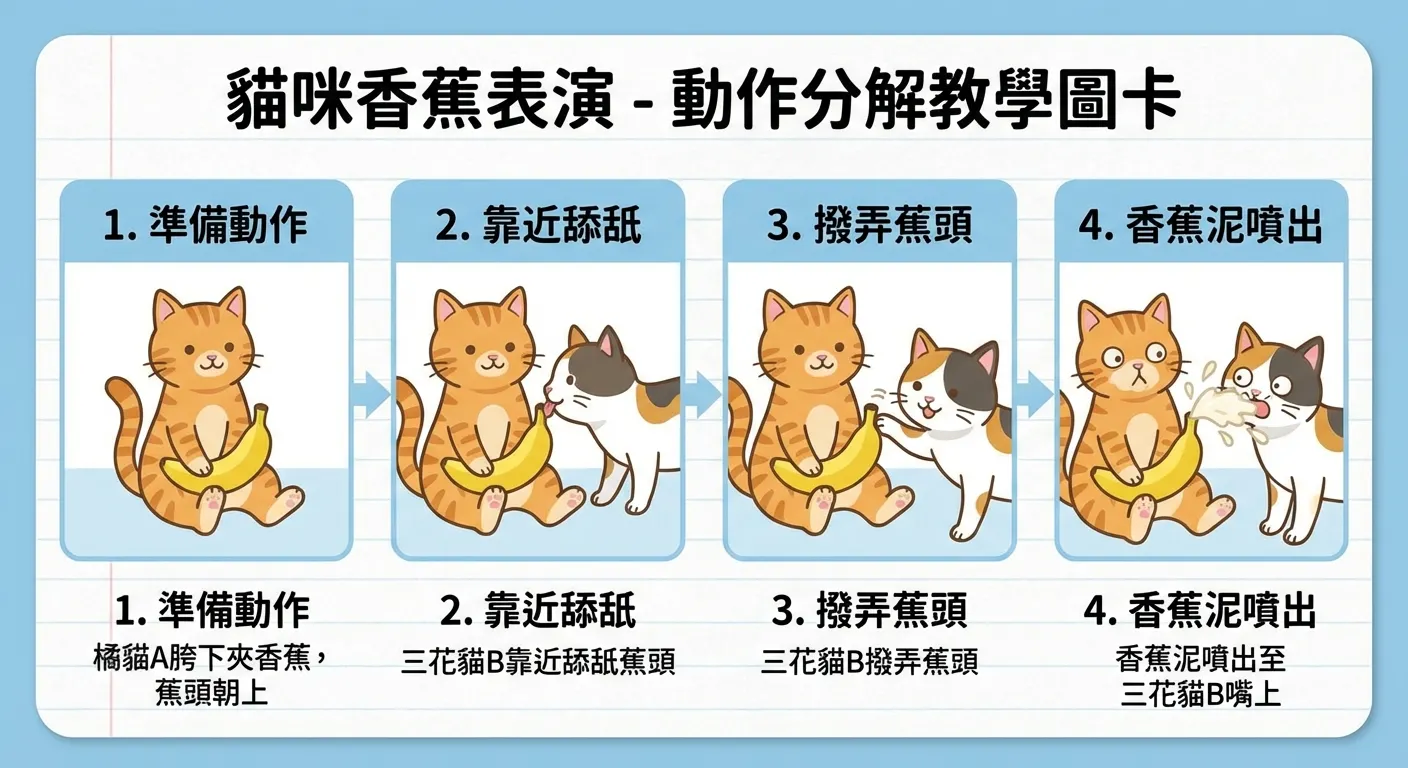 貓咪香蕉表演:動作分解教學圖卡