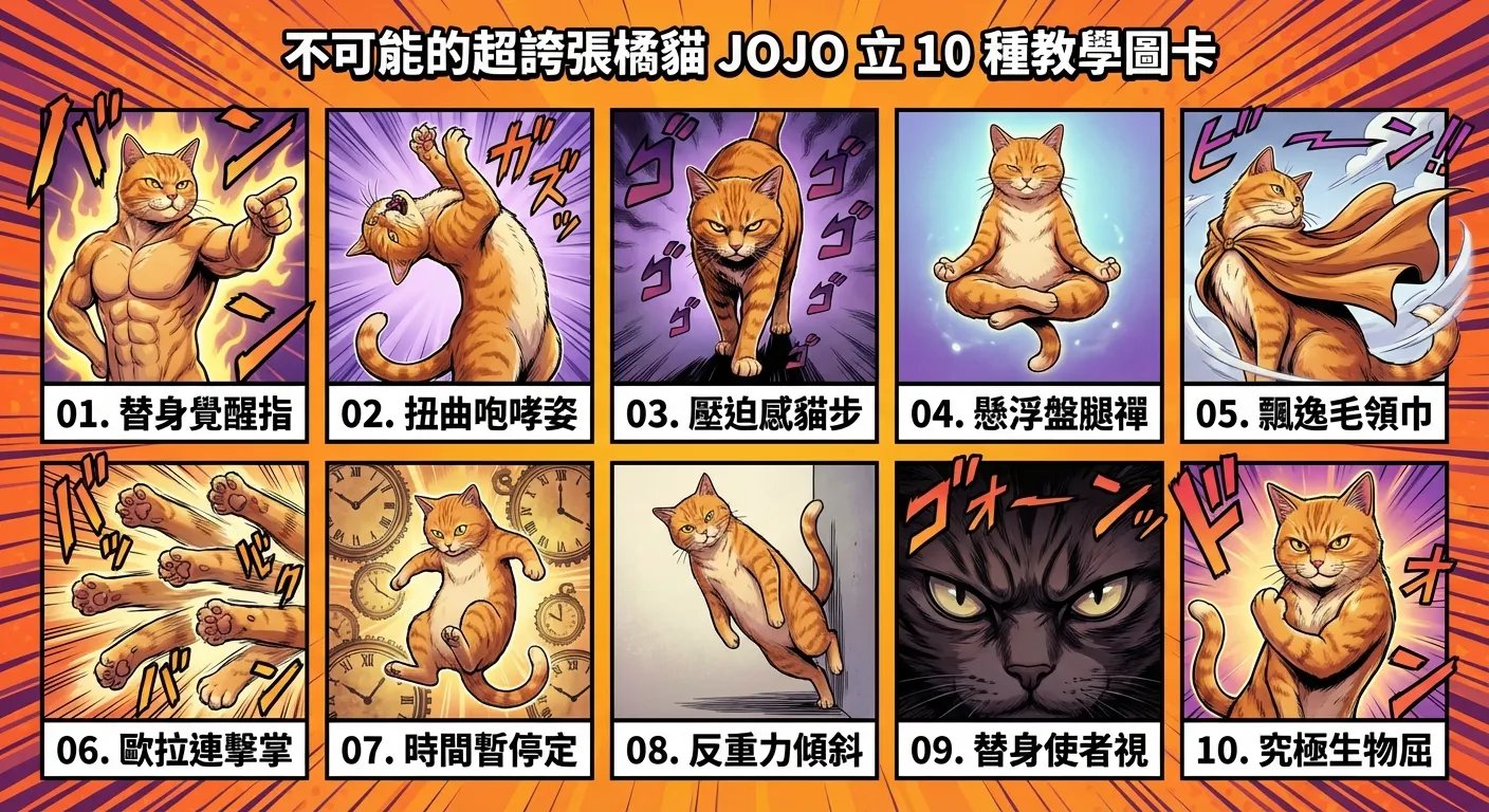 不可能的超誇張橘貓 JOJO 立 10 種教學圖卡