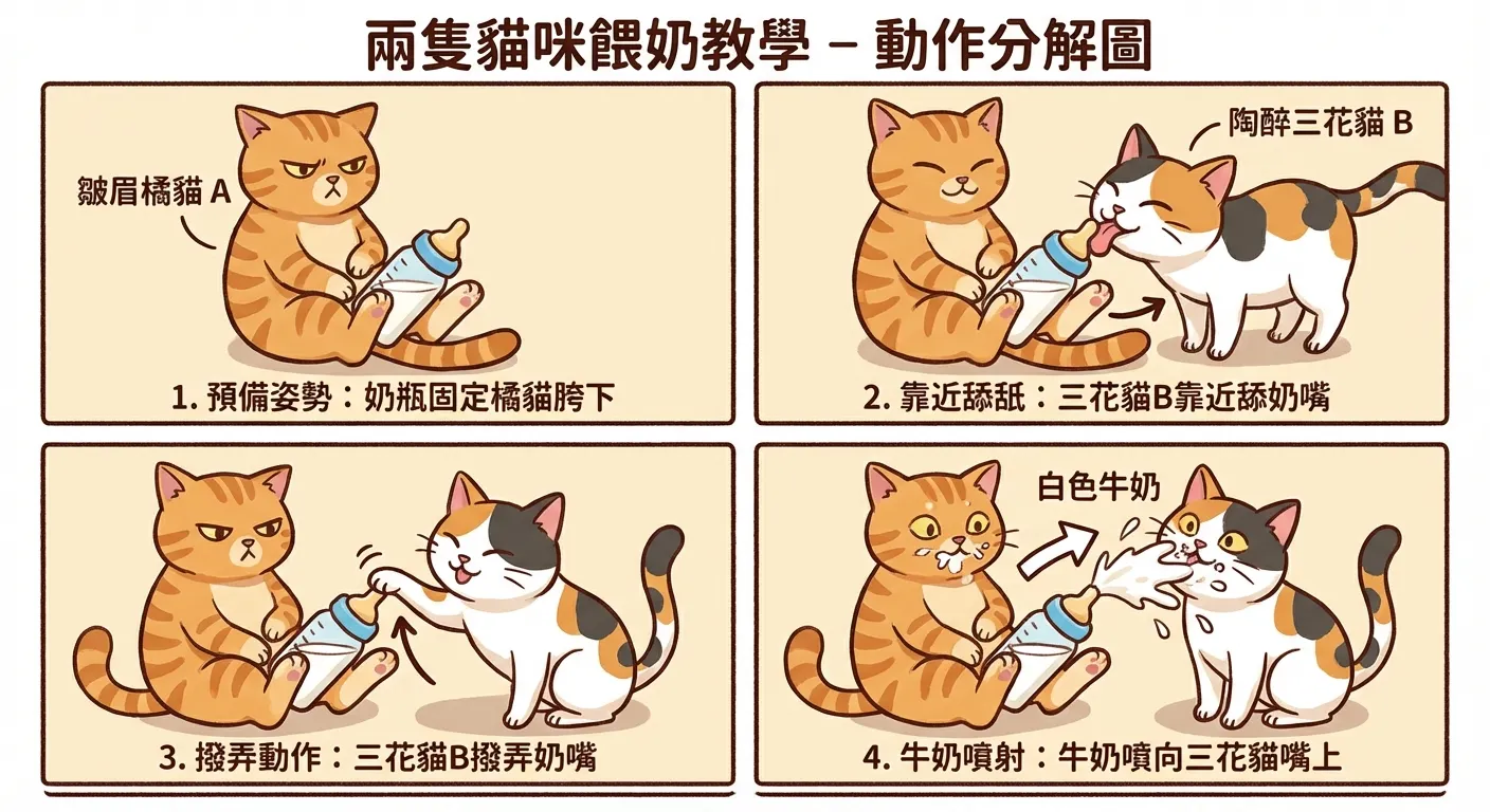 兩隻貓咪餵奶教學：動作分解圖
