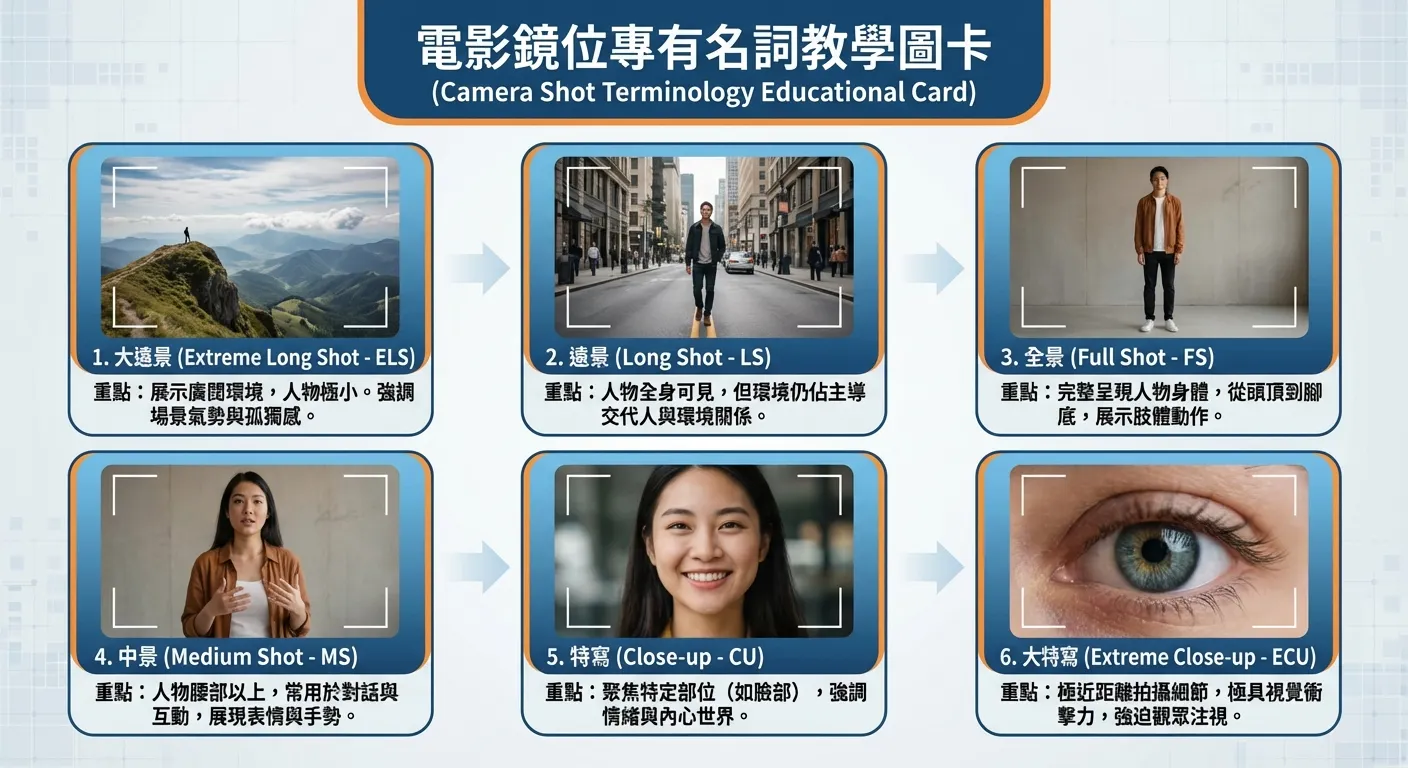 電影鏡位教學圖卡：從廣闊到細節的視覺引導