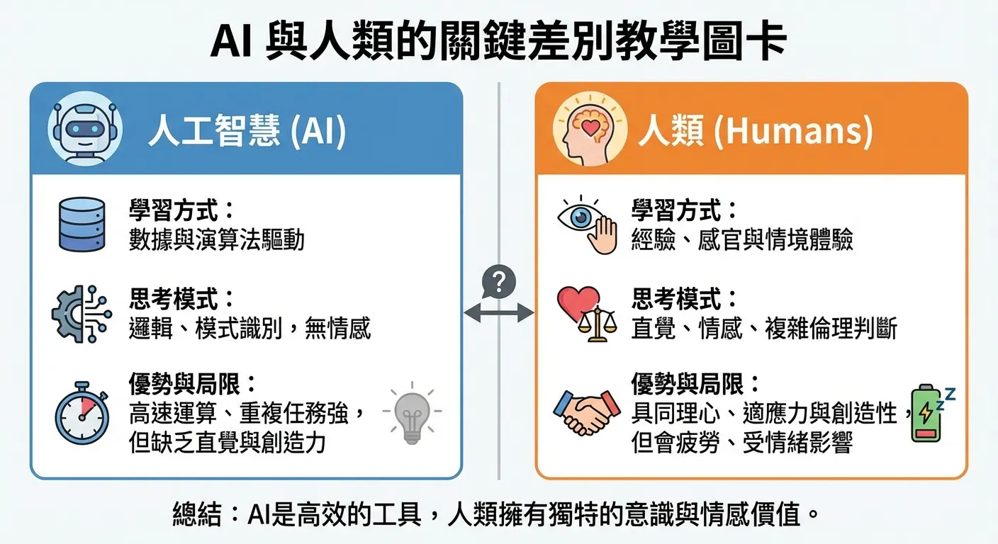 AI與人類的關鍵差異解析教學圖卡
