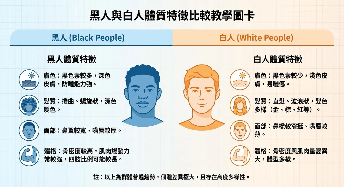 黑人與白人體質特徵比較圖卡
