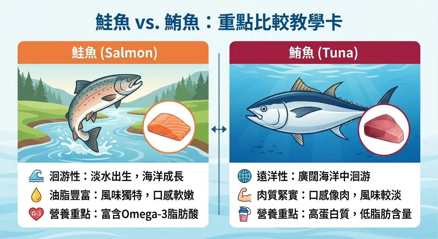 鮭魚 vs. 鮪魚：重點比較教學卡