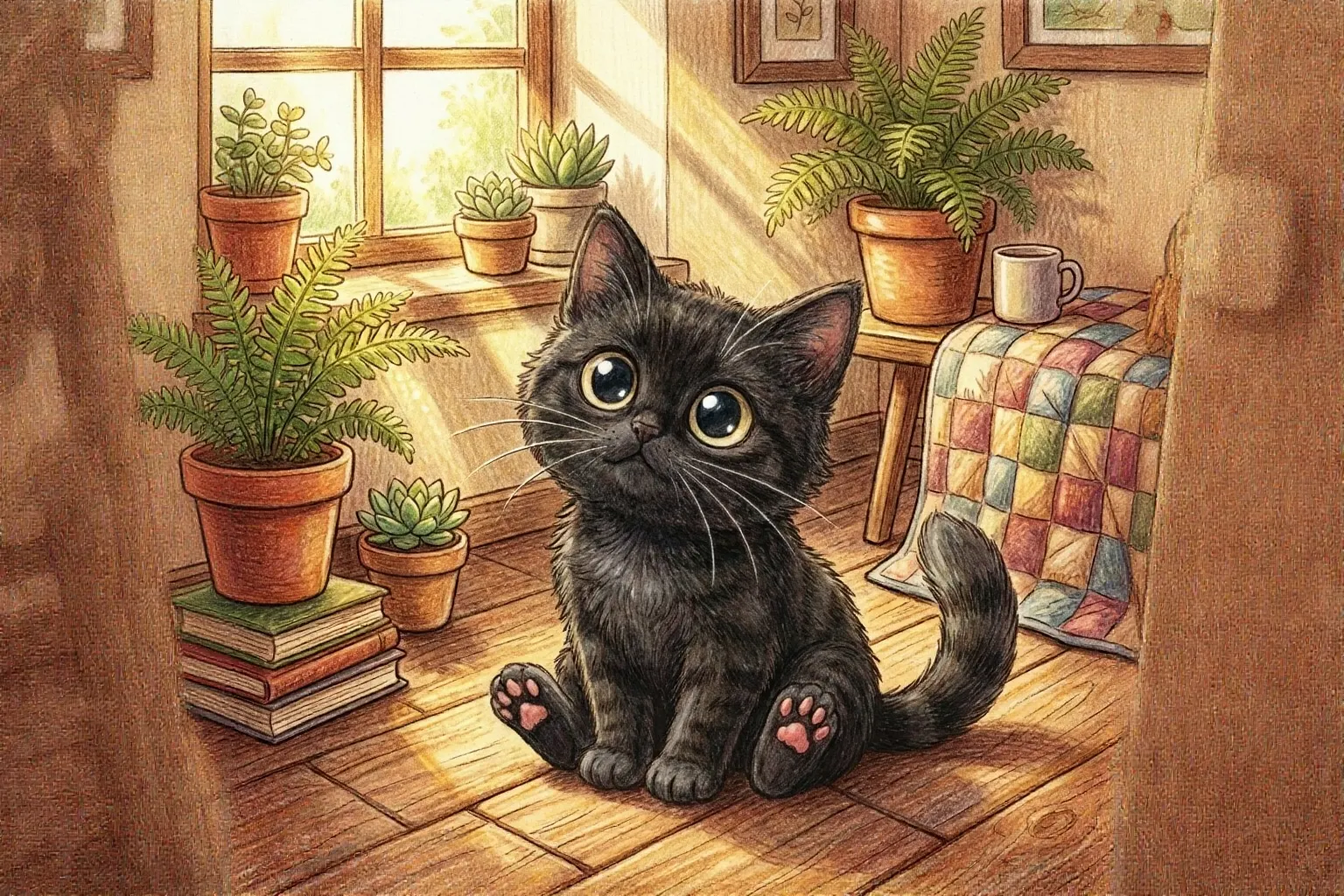 午後煦光下的好奇黑貓：溫馨繪本風手繪插畫