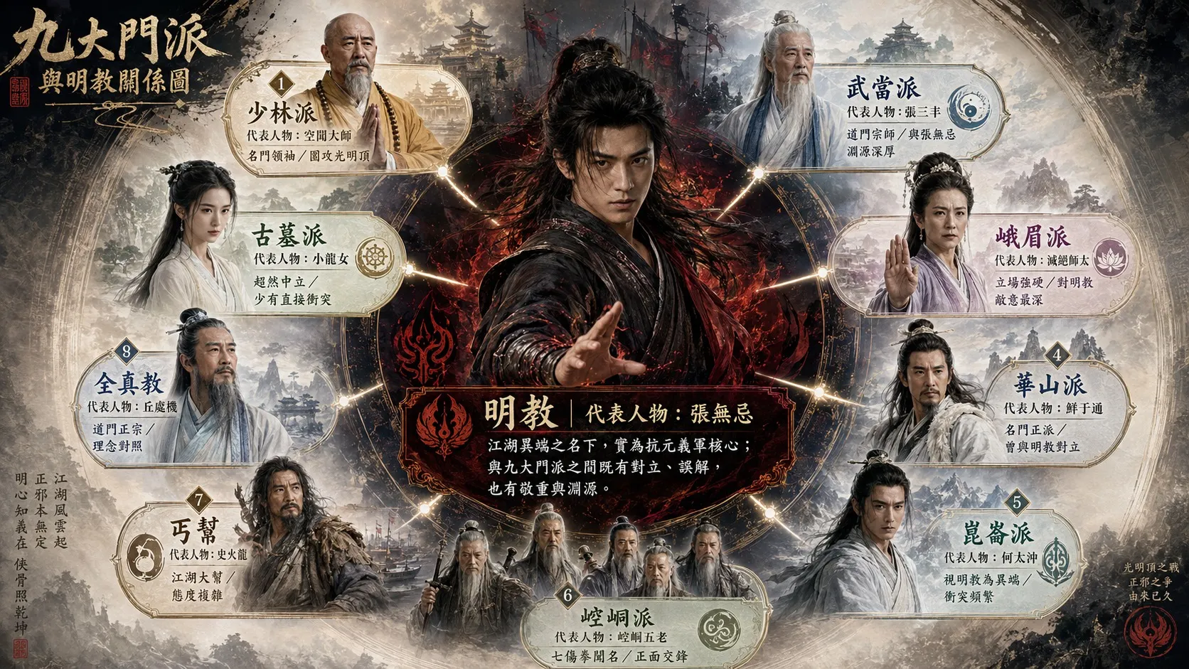倚天屠龍：明教與九大門派江湖關係圖譜