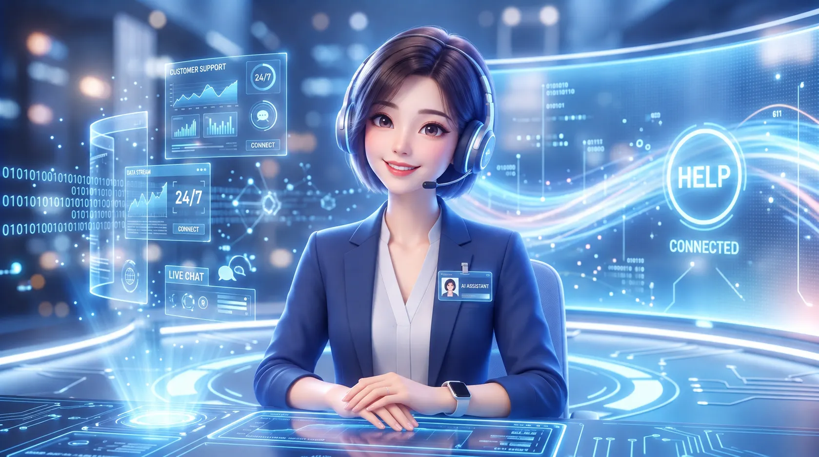 虛擬雲端守護者：未來感AI客服少女