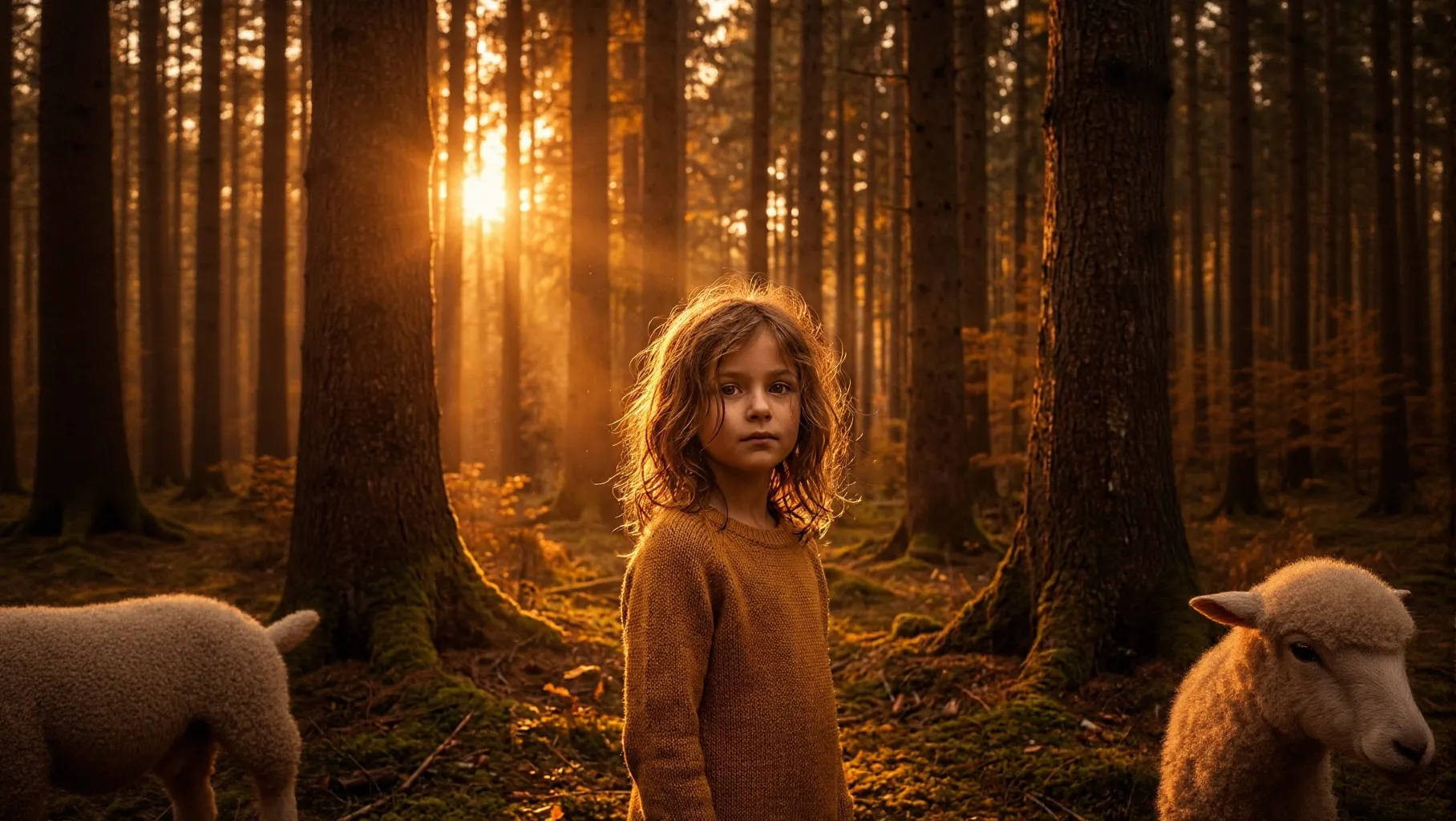 AI J512森林深處的夕陽女孩與羊群