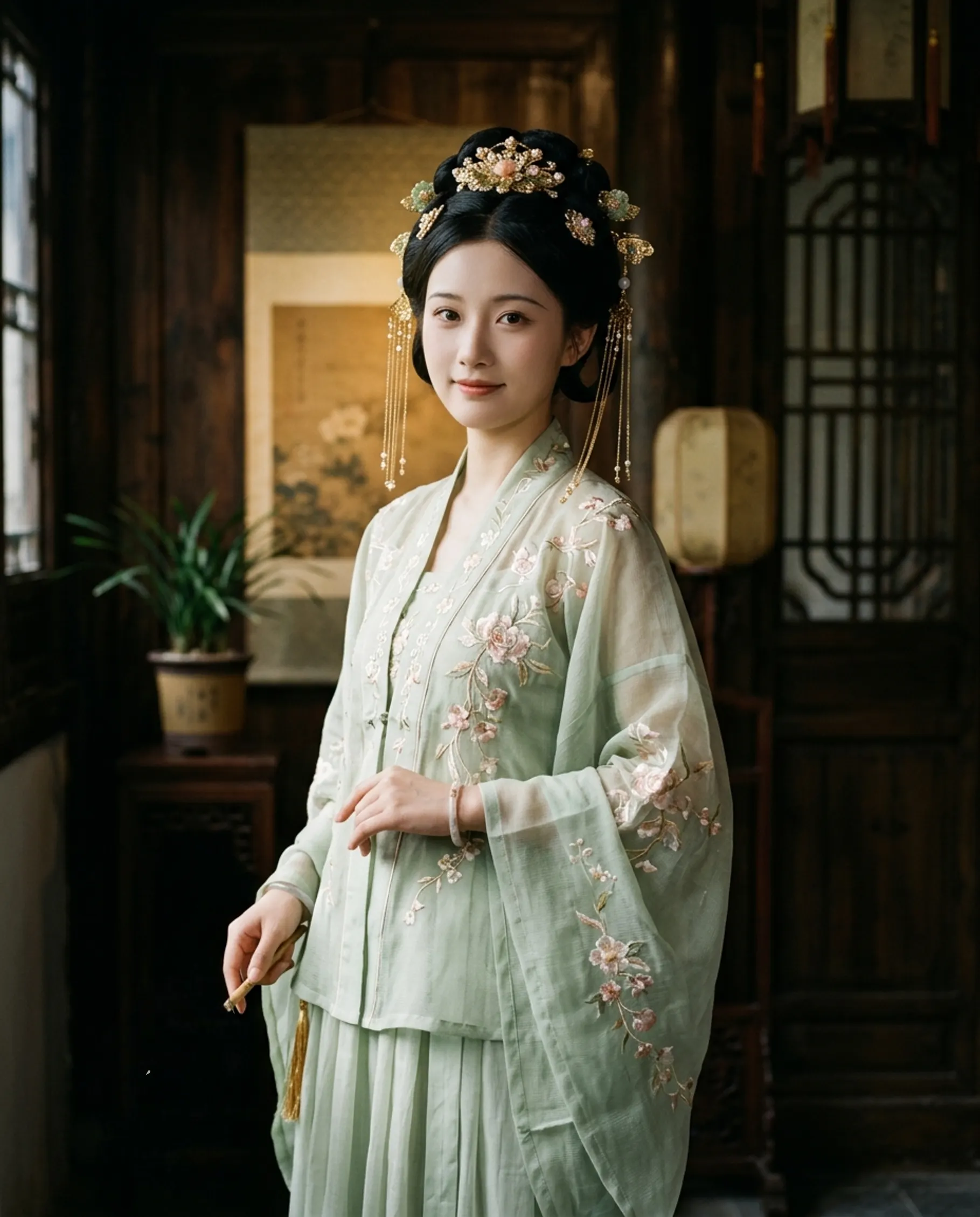 古韻清幽:綠意羅裙仕女圖