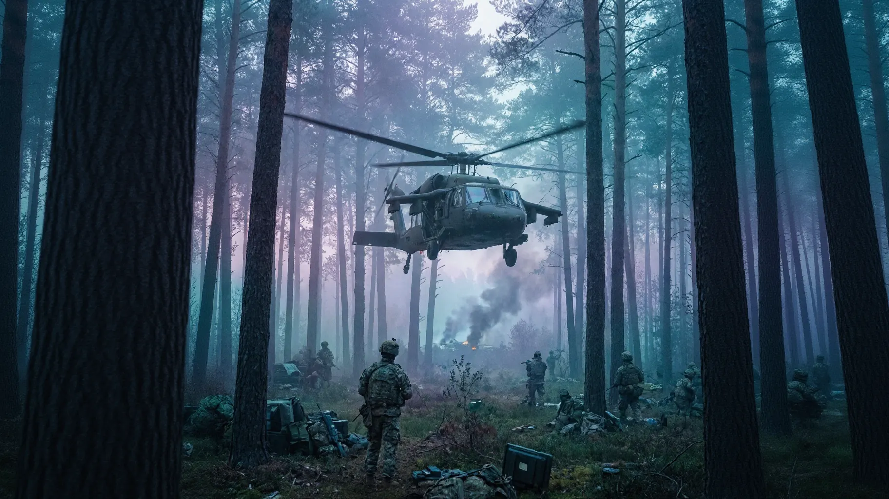 迷霧森林中的戰火黎明：直升機與士兵