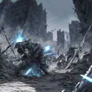 A battle scene. The sword is glowing pale blue. The expression is furious. The background is ruins.