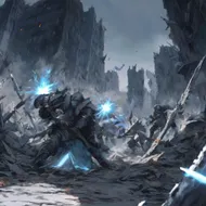 A battle scene. The sword is glowing pale blue. The expression is furious. The background is ruins.