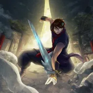 Anime-style taste. Susanoo in battle. A scene of him about to slash with a sword. The sword is glowing pale blue. His expression is fierce. The background is an abandoned shrine, and the background tone is dark.