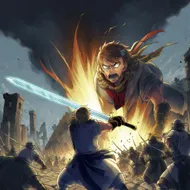 A battle scene. The sword is glowing pale blue. The expression is furious. The background is ruins.