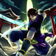 Anime-style taste. Susanoo in battle. A scene of him about to slash with a sword. The sword is glowing pale blue. His expression is fierce. The background is an abandoned shrine, and the background tone is dark.