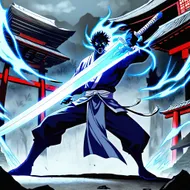 Anime-style taste. Susanoo in battle. A scene of him about to slash with a sword. The sword is glowing pale blue. His expression is fierce. The background is an abandoned shrine, and the background tone is dark.
