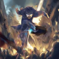 A battle scene. The sword is glowing pale blue. The expression is furious. The background is ruins.