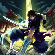 Anime-style taste. Susanoo in battle. A scene of him about to slash with a sword. The sword is glowing pale blue. His expression is fierce. The background is an abandoned shrine, and the background tone is dark.
